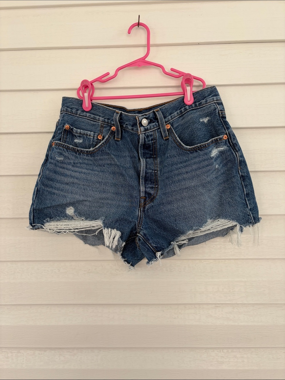 Levi’s 501 W30 Blue Denim Distressed Cutoff Jean Shorts Raw Hem